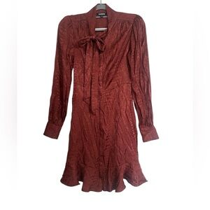 Express Rust Brown Long Sleeve Dress With Tie Neck snake print